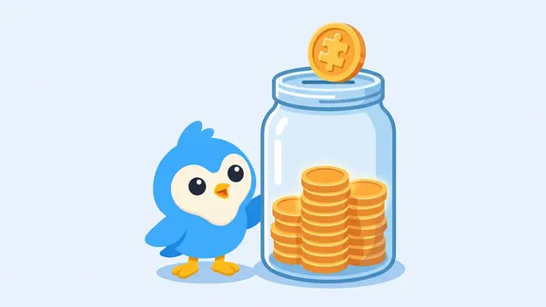 Pip, the blue bird mascot, standing beside a tall glass jar filling with amber coins, a single puzzle-piece shaped coin dropping into the slot at the top