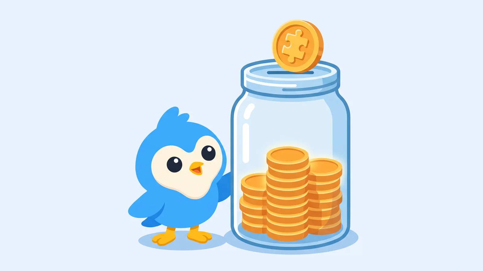 Pip, the blue bird mascot, standing beside a tall glass jar filling with amber coins, a single puzzle-piece shaped coin dropping into the slot at the top