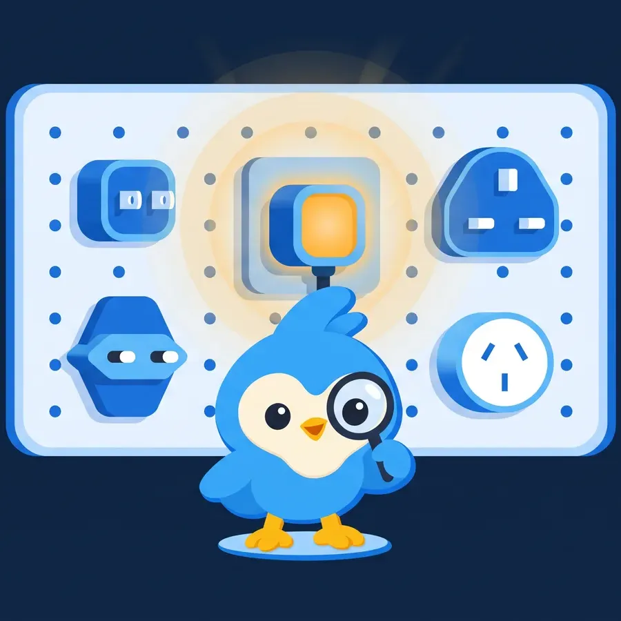 Pip, the blue bird mascot, in front of five different plug adapters on a pegboard, one plugged in and glowing