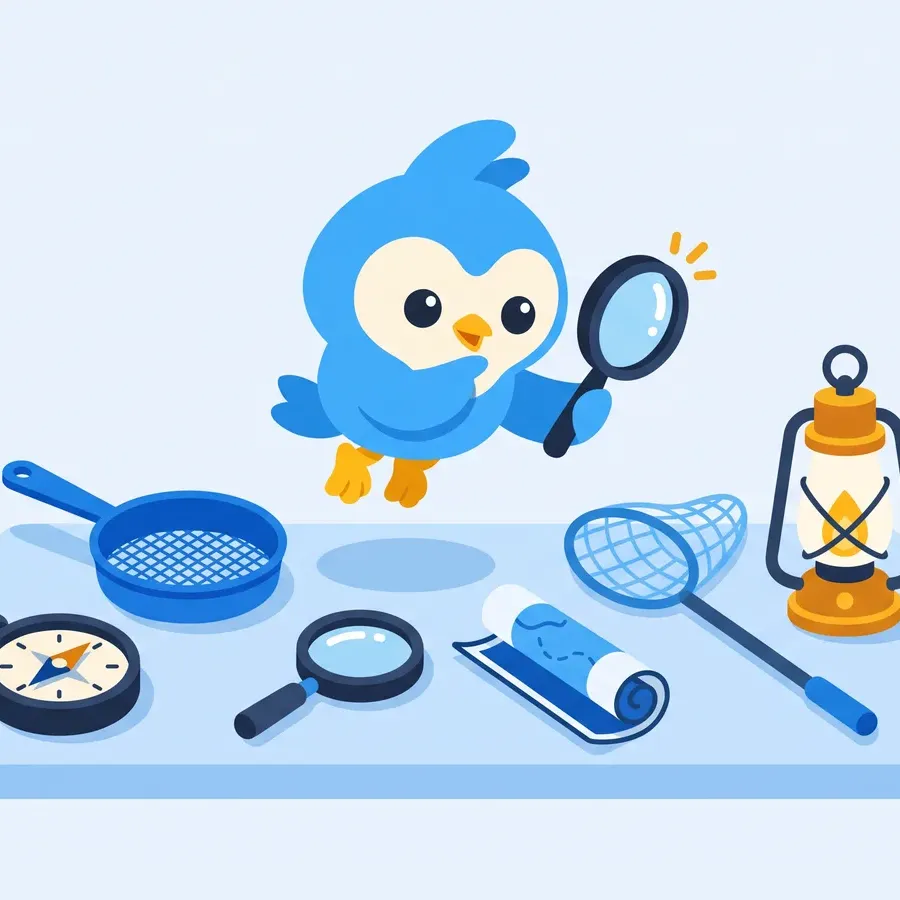 Pip, the blue bird mascot, choosing between six different tools on a workbench: compass, sieve, magnifier, map, net, lantern