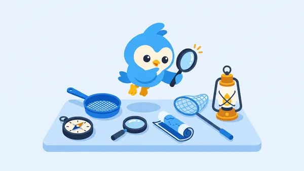 Pip, the blue bird mascot, choosing between six different tools on a workbench: compass, sieve, magnifier, map, net, lantern