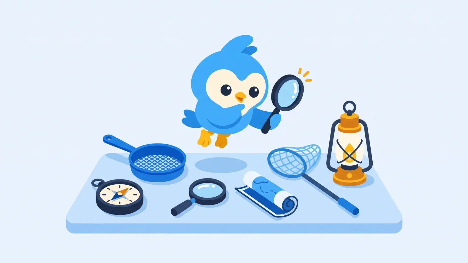 Pip, the blue bird mascot, choosing between six different tools on a workbench: compass, sieve, magnifier, map, net, lantern