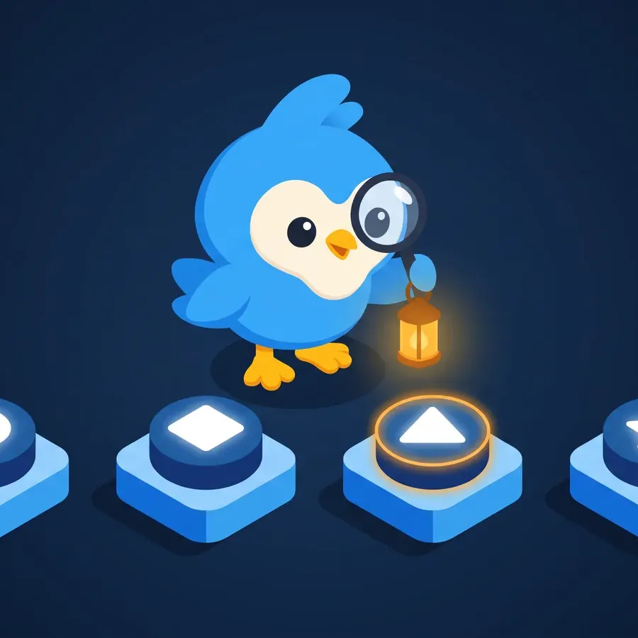 Pip holding a lantern and magnifier over four glowing pedestals, one highlighted with an amber ring, on navy
