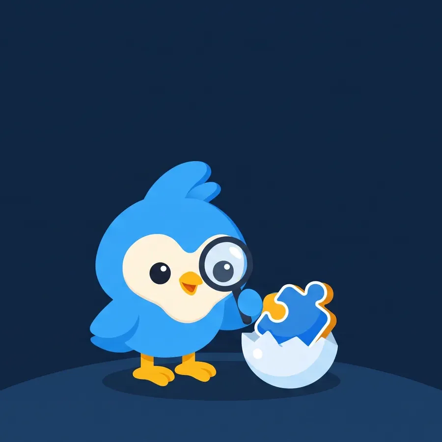 Pip, the blue bird mascot, hatching a small egg from which a puzzle piece pokes out