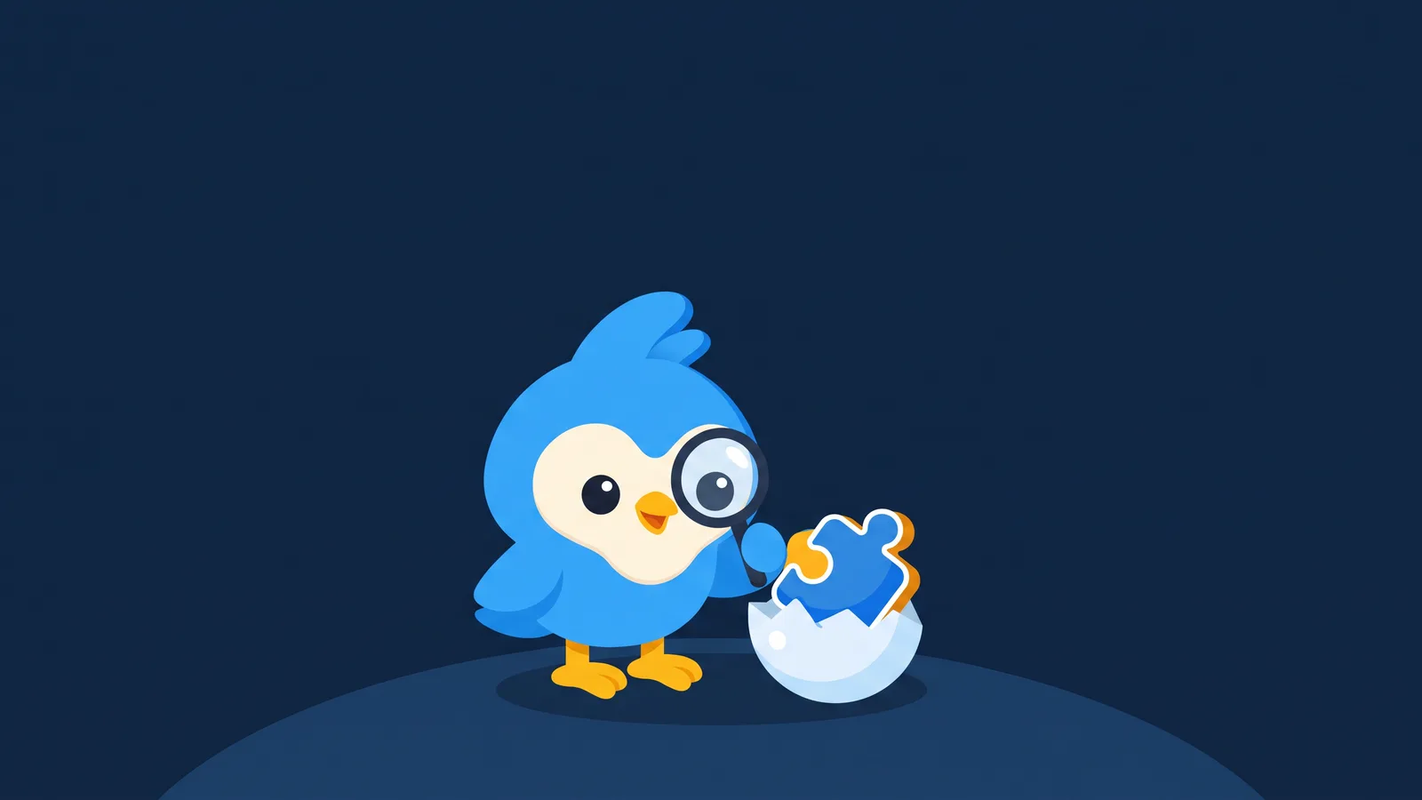 Pip, the blue bird mascot, hatching a small egg from which a puzzle piece pokes out