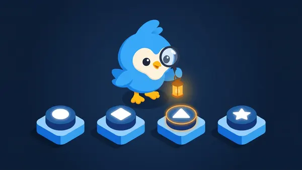 Pip holding a lantern and magnifier over four glowing pedestals, one highlighted with an amber ring, on navy