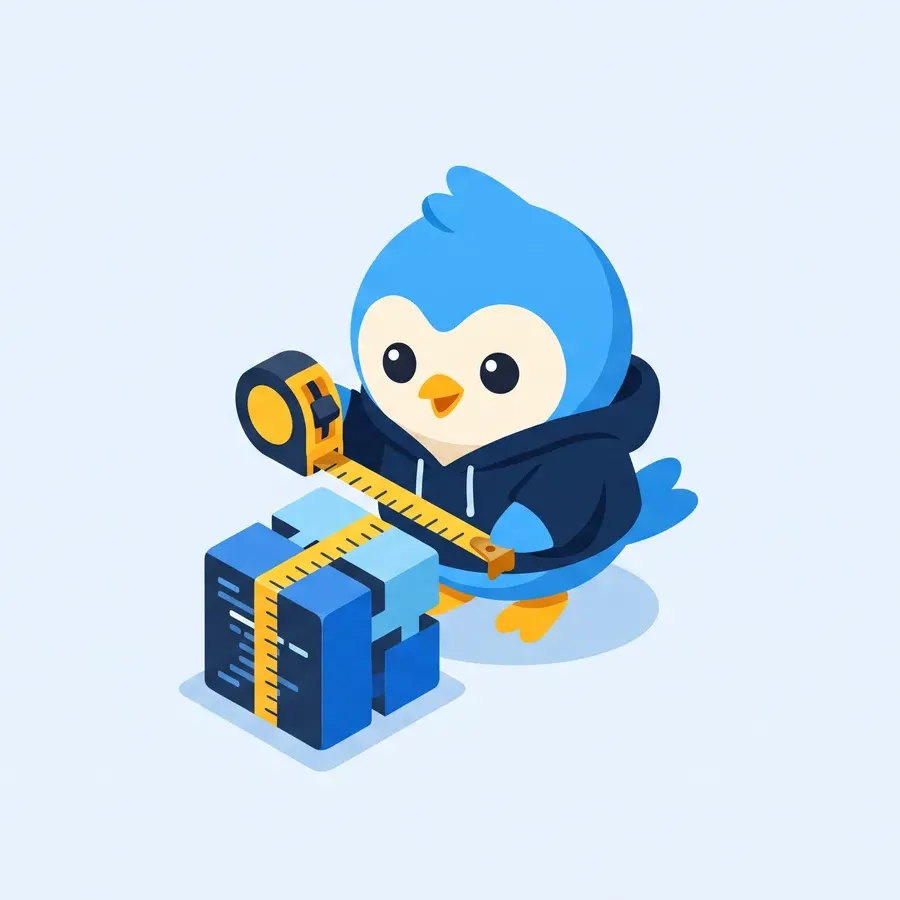 Pip, the blue bird mascot, in a hoodie holding a measuring tape around a small code-block cube