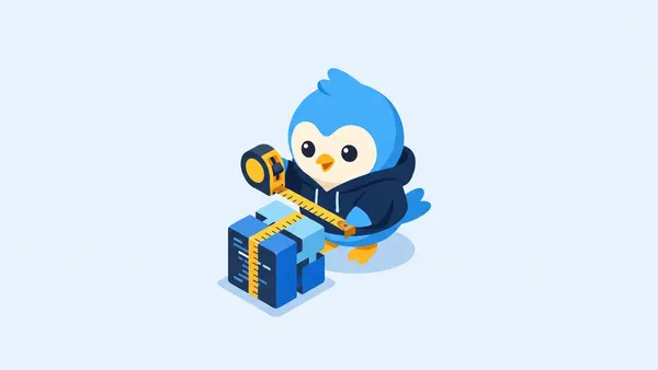 Pip, the blue bird mascot, in a hoodie holding a measuring tape around a small code-block cube