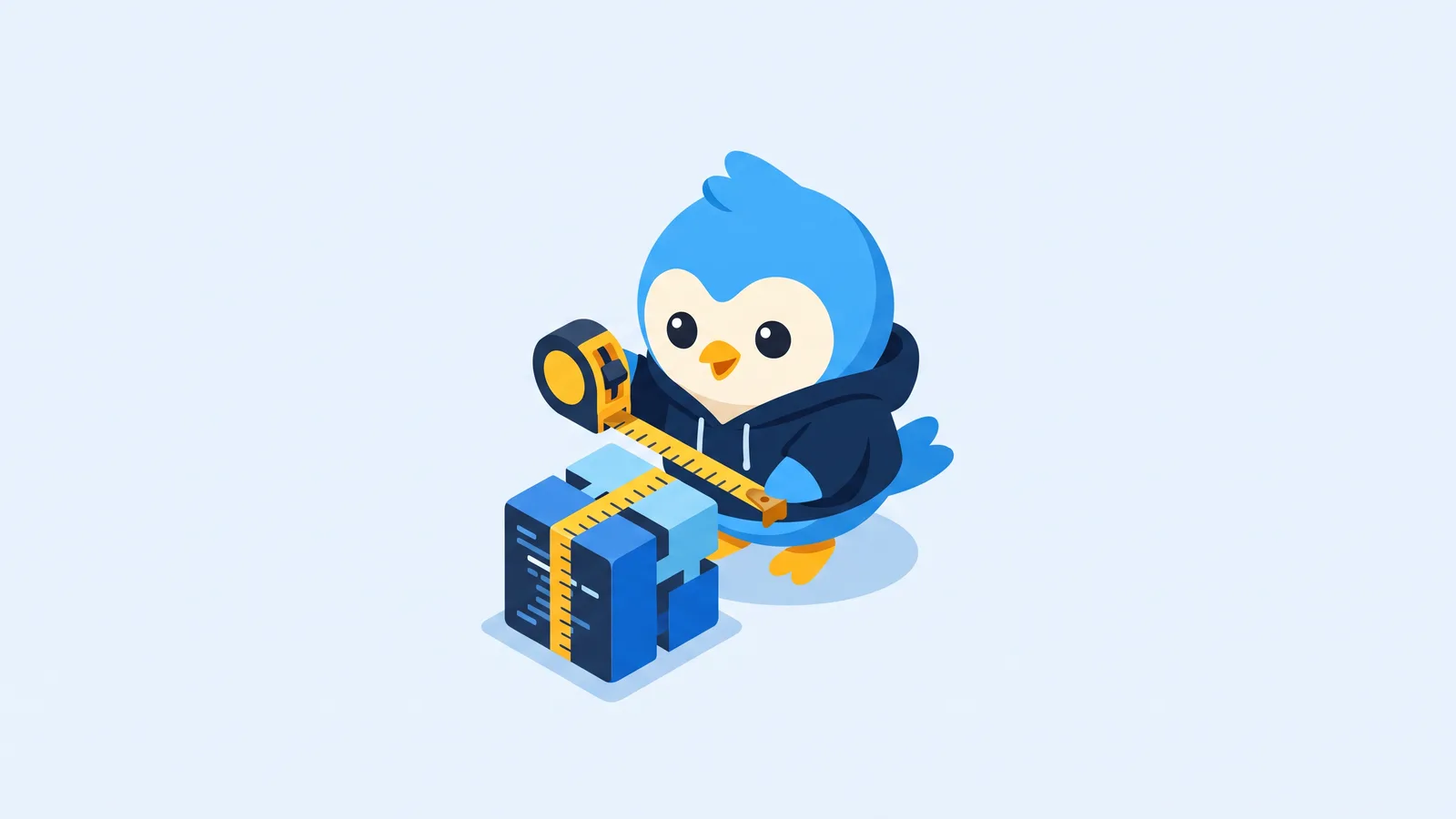 Pip, the blue bird mascot, in a hoodie holding a measuring tape around a small code-block cube