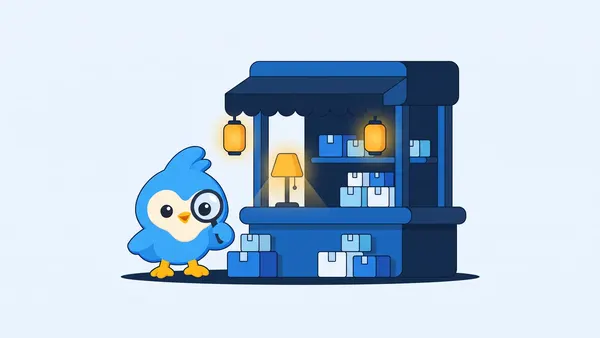Pip, the blue bird mascot, by a small market stall with lanterns and rows of tiny parcels, warm amber lamp