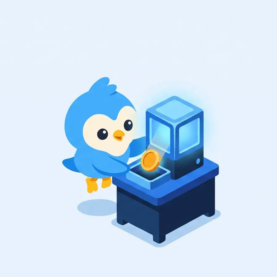 Pip, the blue bird mascot, at a small tidy workbench tending one glowing blue cube machine that drops an amber coin into a tray