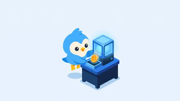 Pip, the blue bird mascot, at a small tidy workbench tending one glowing blue cube machine that drops an amber coin into a tray