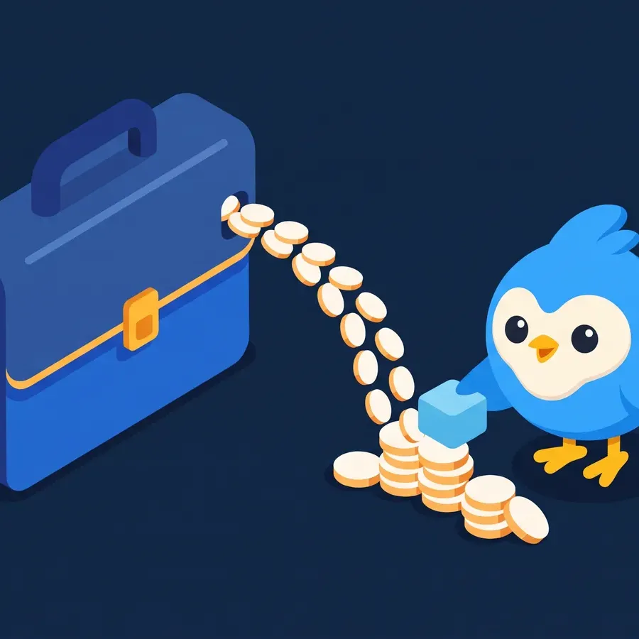 Pip placing a small blue block where a stream of coins pours out of a large blue briefcase on a navy background