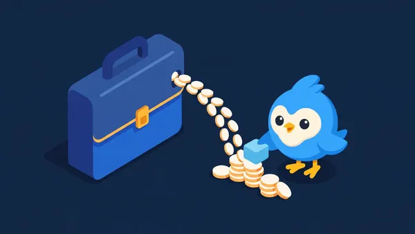Pip placing a small blue block where a stream of coins pours out of a large blue briefcase on a navy background