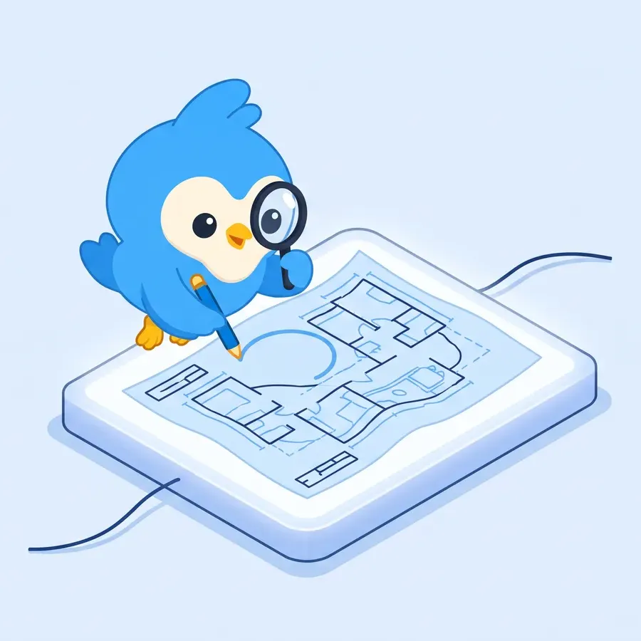 Pip, the blue bird mascot, tracing a better shape over a wobbly old blueprint on a lightbox