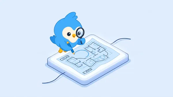 Pip, the blue bird mascot, tracing a better shape over a wobbly old blueprint on a lightbox