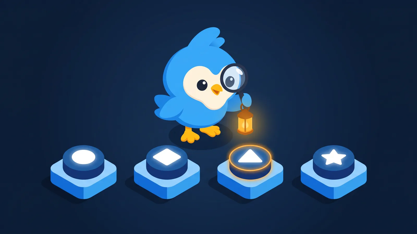 Pip holding a lantern and magnifier over four glowing pedestals, one highlighted with an amber ring, on navy