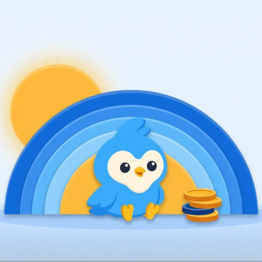Pip sitting calmly inside blue sunrise rings with an amber sun rising behind and a tidy stack of coins