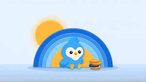Pip sitting calmly inside blue sunrise rings with an amber sun rising behind and a tidy stack of coins