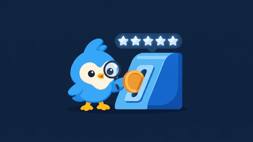 Pip, the blue bird mascot, gently placing a coin into a slot while a row of stars above stays intact