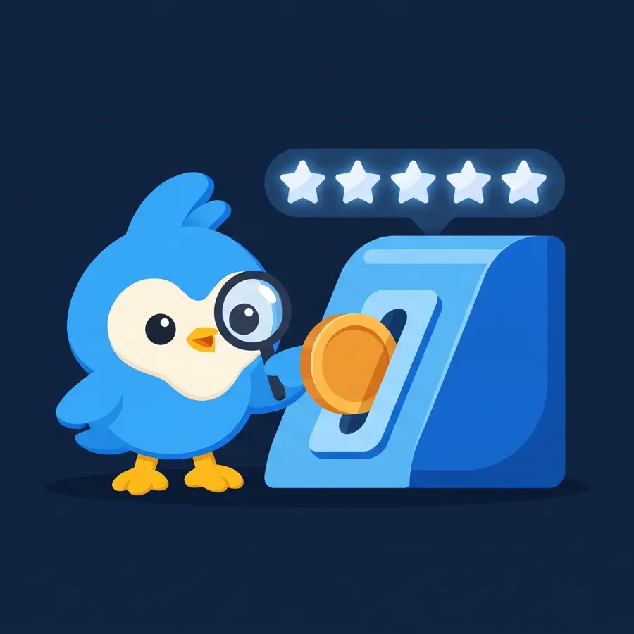 Pip, the blue bird mascot, gently placing a coin into a slot while a row of stars above stays intact