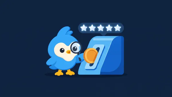 Pip, the blue bird mascot, gently placing a coin into a slot while a row of stars above stays intact