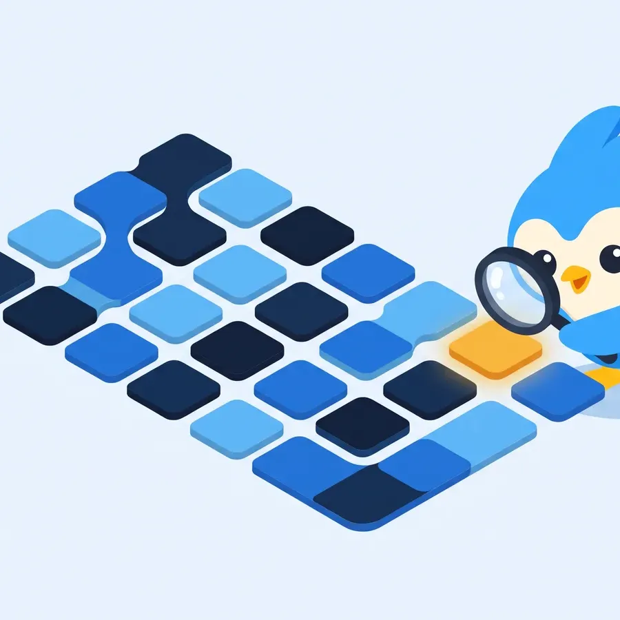 Pip, the blue bird mascot, studying a pattern of tiles that forms a repeating shape, one tile amber