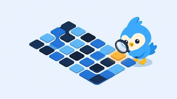Pip, the blue bird mascot, studying a pattern of tiles that forms a repeating shape, one tile amber