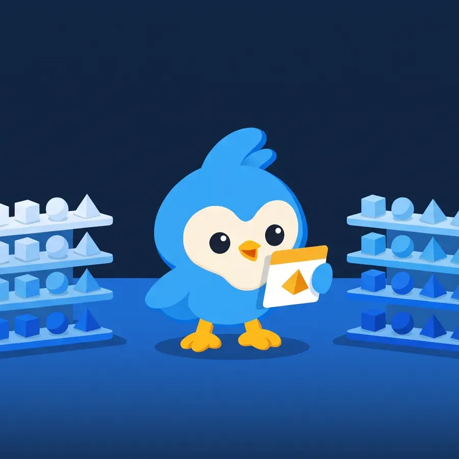 Pip holding a small card between two neat shelves of blue geometric gems sorted by shape