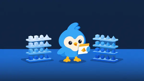 Pip holding a small card between two neat shelves of blue geometric gems sorted by shape