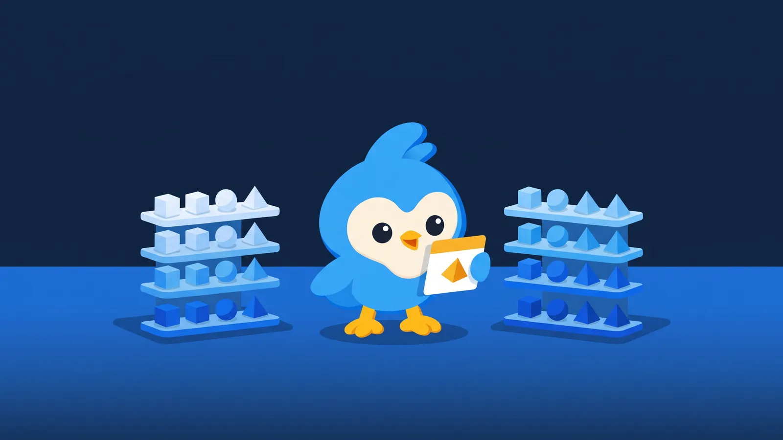 Pip holding a small card between two neat shelves of blue geometric gems sorted by shape