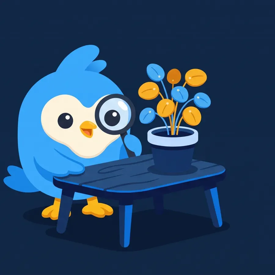 Pip, the blue bird mascot, alone at a small cozy desk with a plant that grows coin-shaped leaves