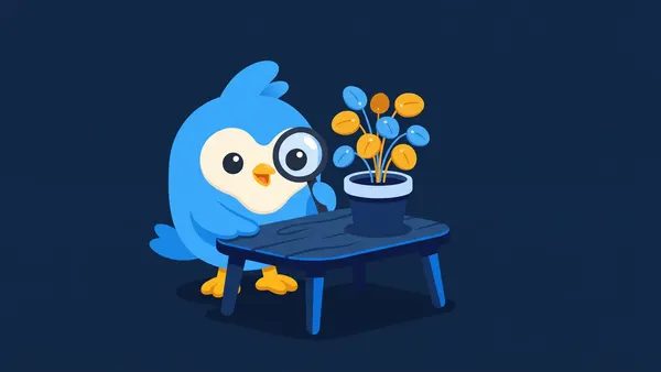 Pip, the blue bird mascot, alone at a small cozy desk with a plant that grows coin-shaped leaves