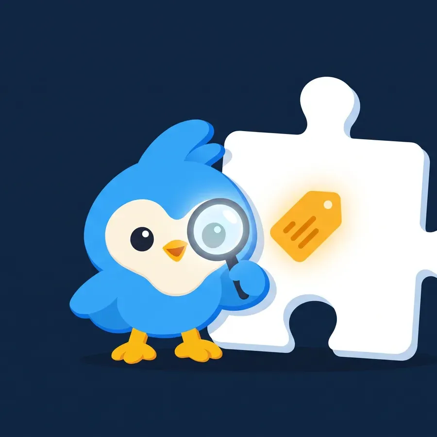 Pip using a magnifying glass to reveal a hidden amber price tag on a white puzzle piece