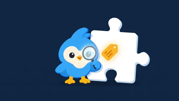 Pip using a magnifying glass to reveal a hidden amber price tag on a white puzzle piece