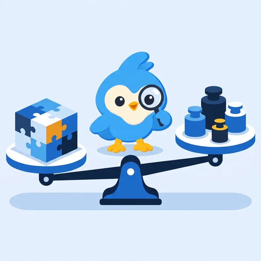 Pip, the blue bird mascot, weighing a puzzle-piece box on a balance scale against weights