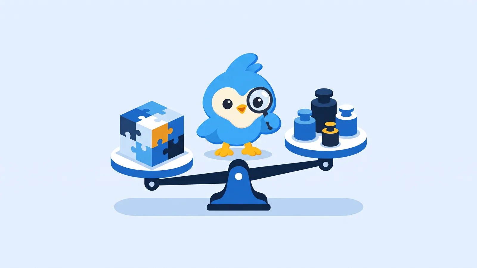 Pip, the blue bird mascot, weighing a puzzle-piece box on a balance scale against weights