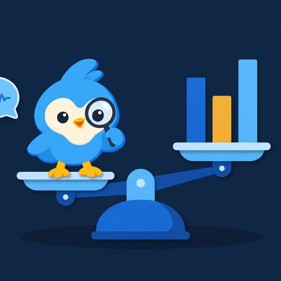 Pip, the blue bird mascot, comparing a speech bubble and a bar chart on two sides of a scale
