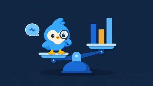 Pip, the blue bird mascot, comparing a speech bubble and a bar chart on two sides of a scale