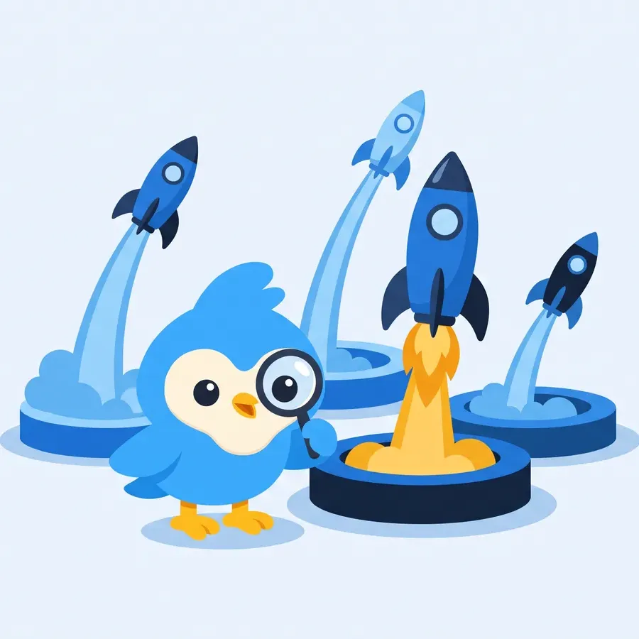Pip, the blue bird mascot, at a launch pad as several small rockets lift off, one rocket with an amber flame