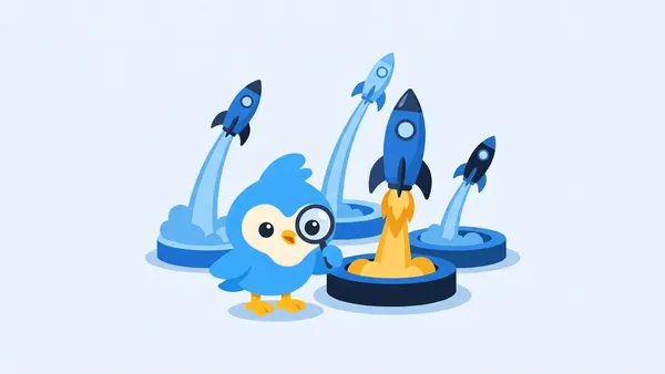 Pip, the blue bird mascot, at a launch pad as several small rockets lift off, one rocket with an amber flame