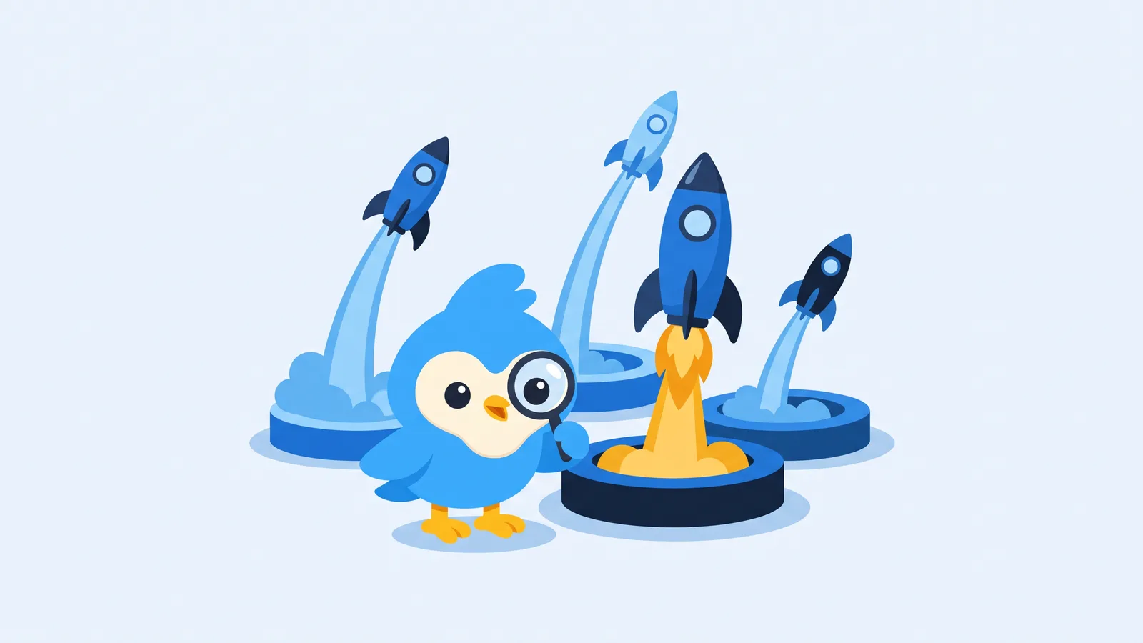 Pip, the blue bird mascot, at a launch pad as several small rockets lift off, one rocket with an amber flame