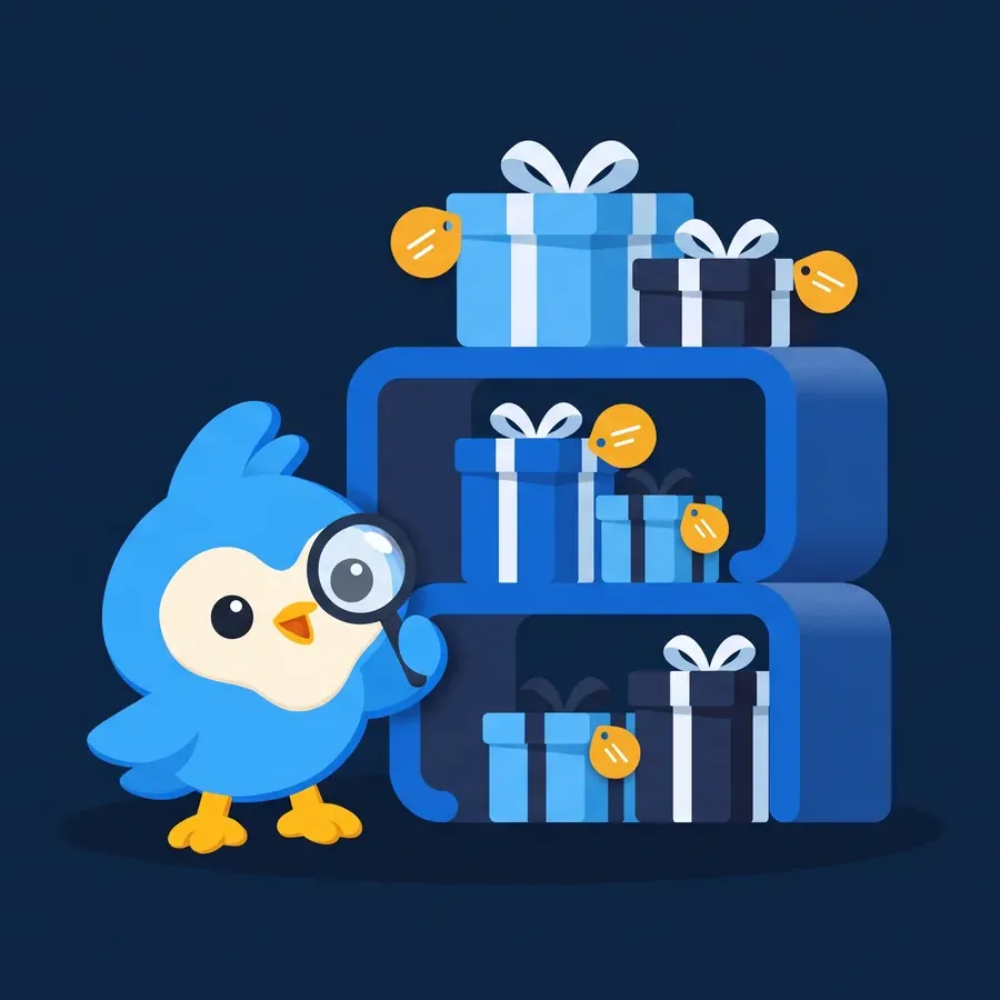 Pip, the blue bird mascot, looking at a shelf of price-tagged gift boxes in different sizes