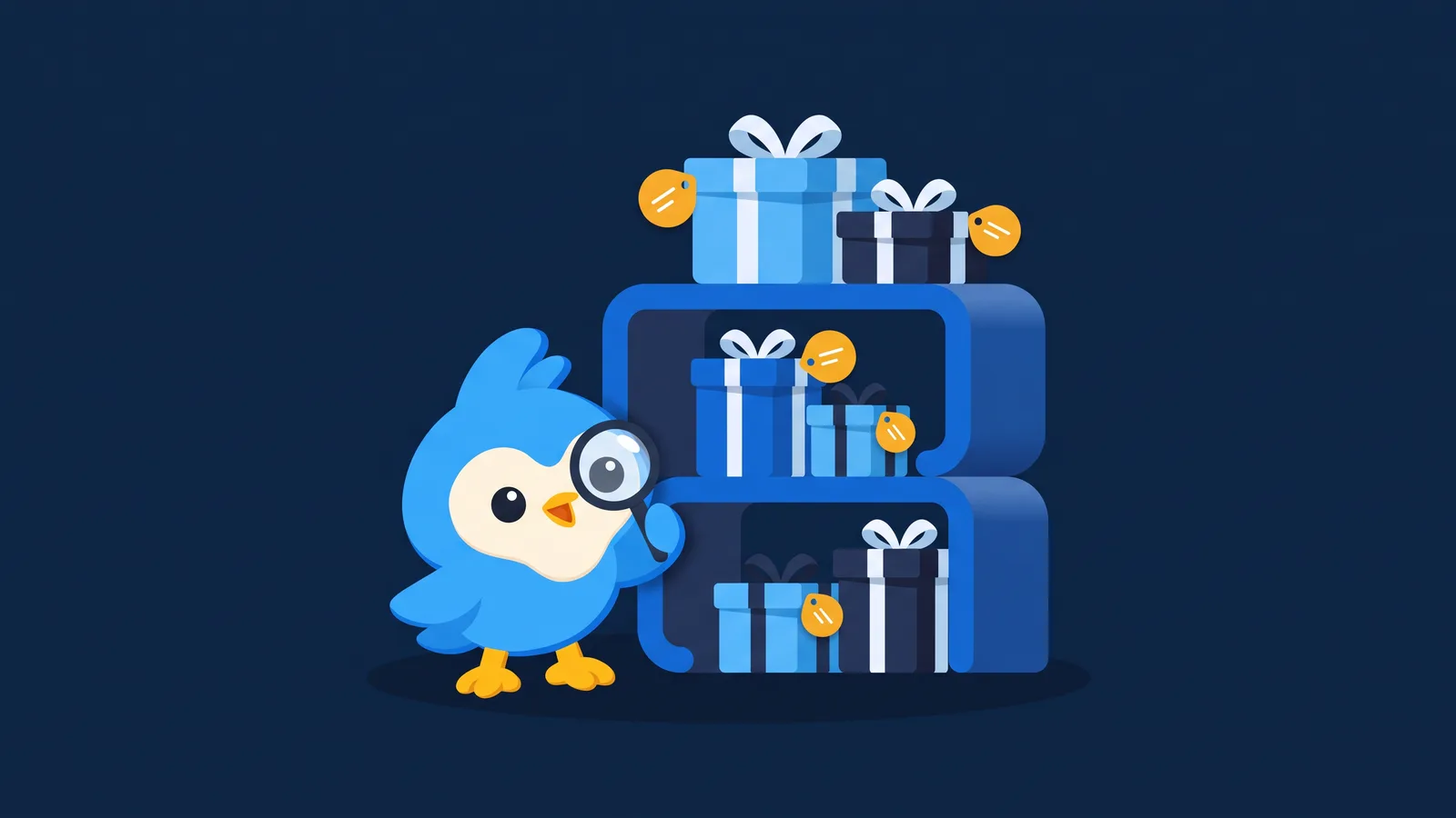 Pip, the blue bird mascot, looking at a shelf of price-tagged gift boxes in different sizes