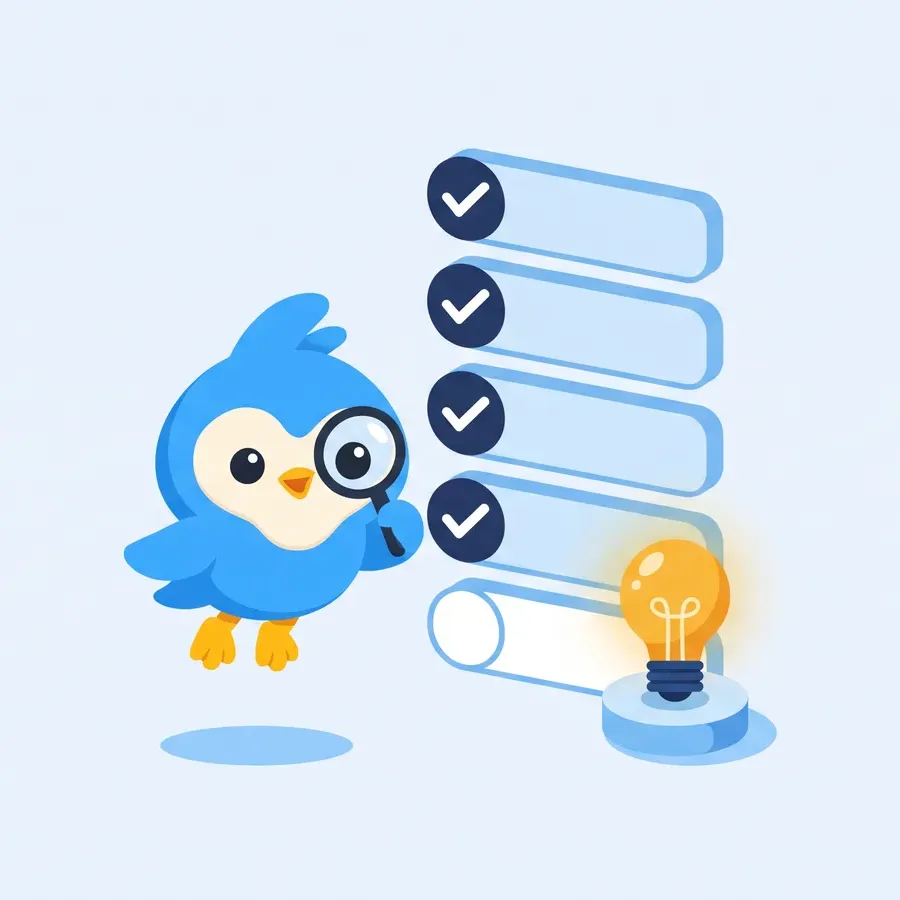 Pip, the blue bird mascot, at a checklist of five boxes with a lightbulb on a test stand