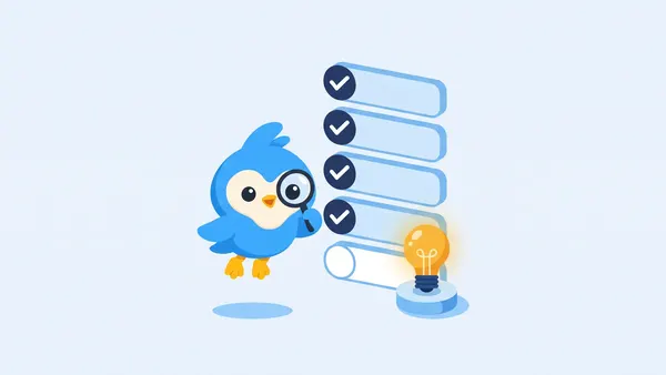 Pip, the blue bird mascot, at a checklist of five boxes with a lightbulb on a test stand