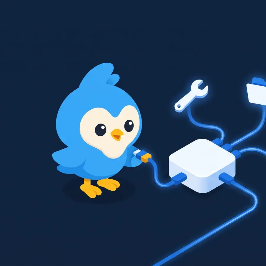 Pip plugging a cable into a white hub that branches out to a wrench, a folder and a gear