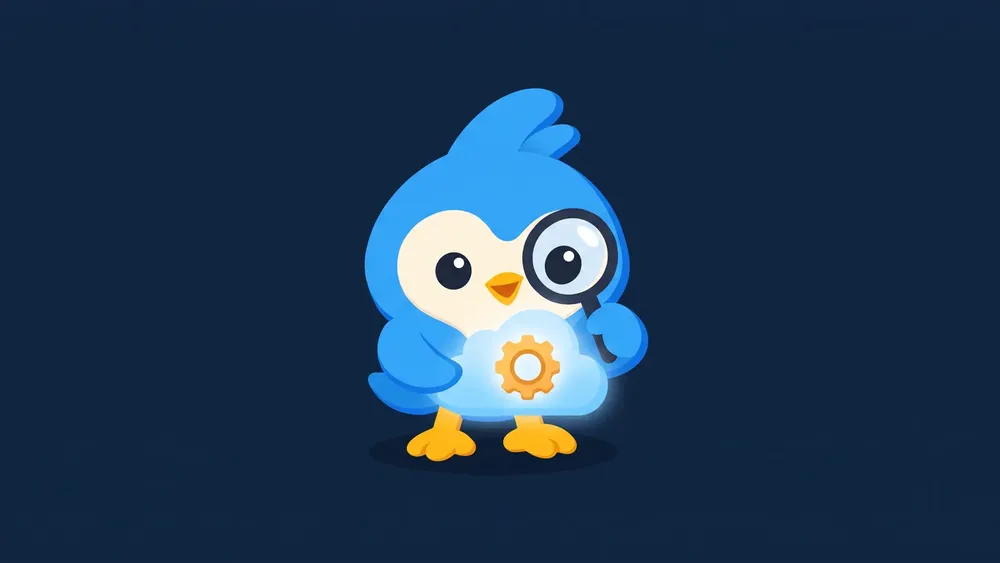 Pip, the blue bird mascot, holding a tiny glowing cloud in its wings, a small gear inside