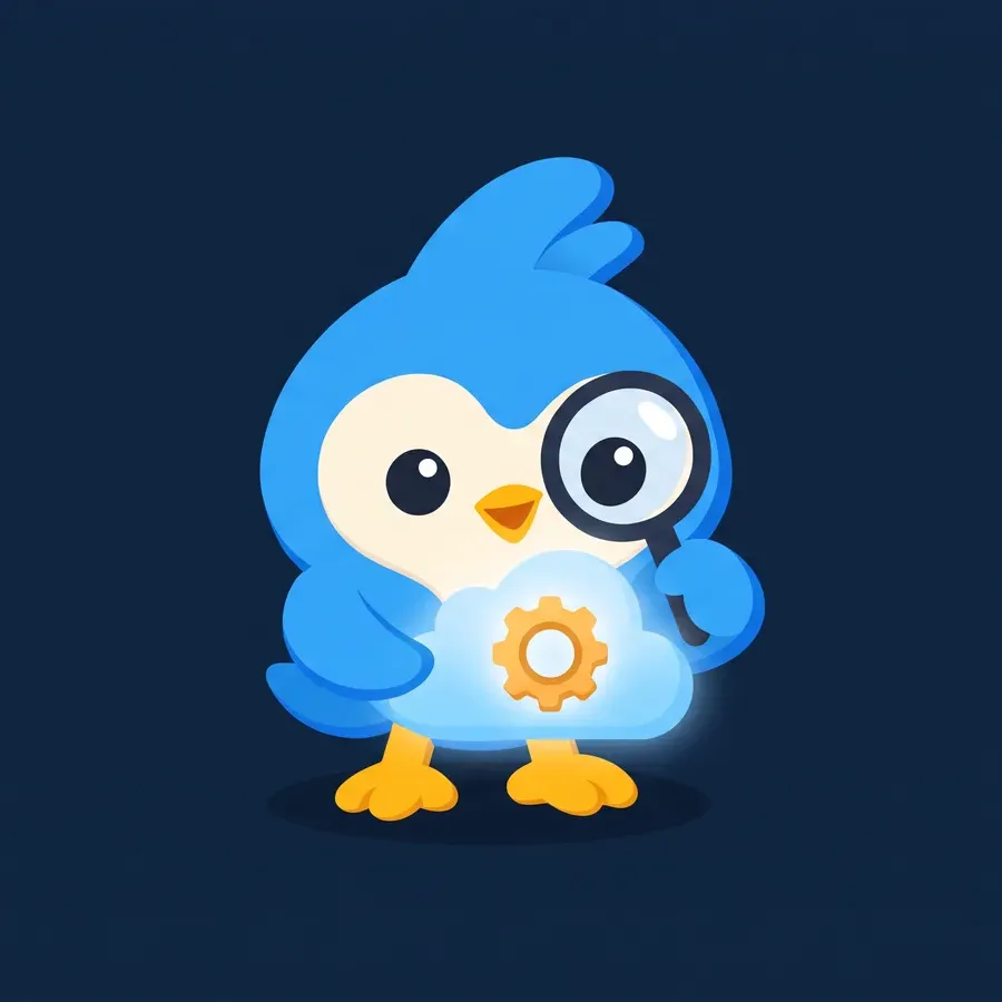 Pip, the blue bird mascot, holding a tiny glowing cloud in its wings, a small gear inside