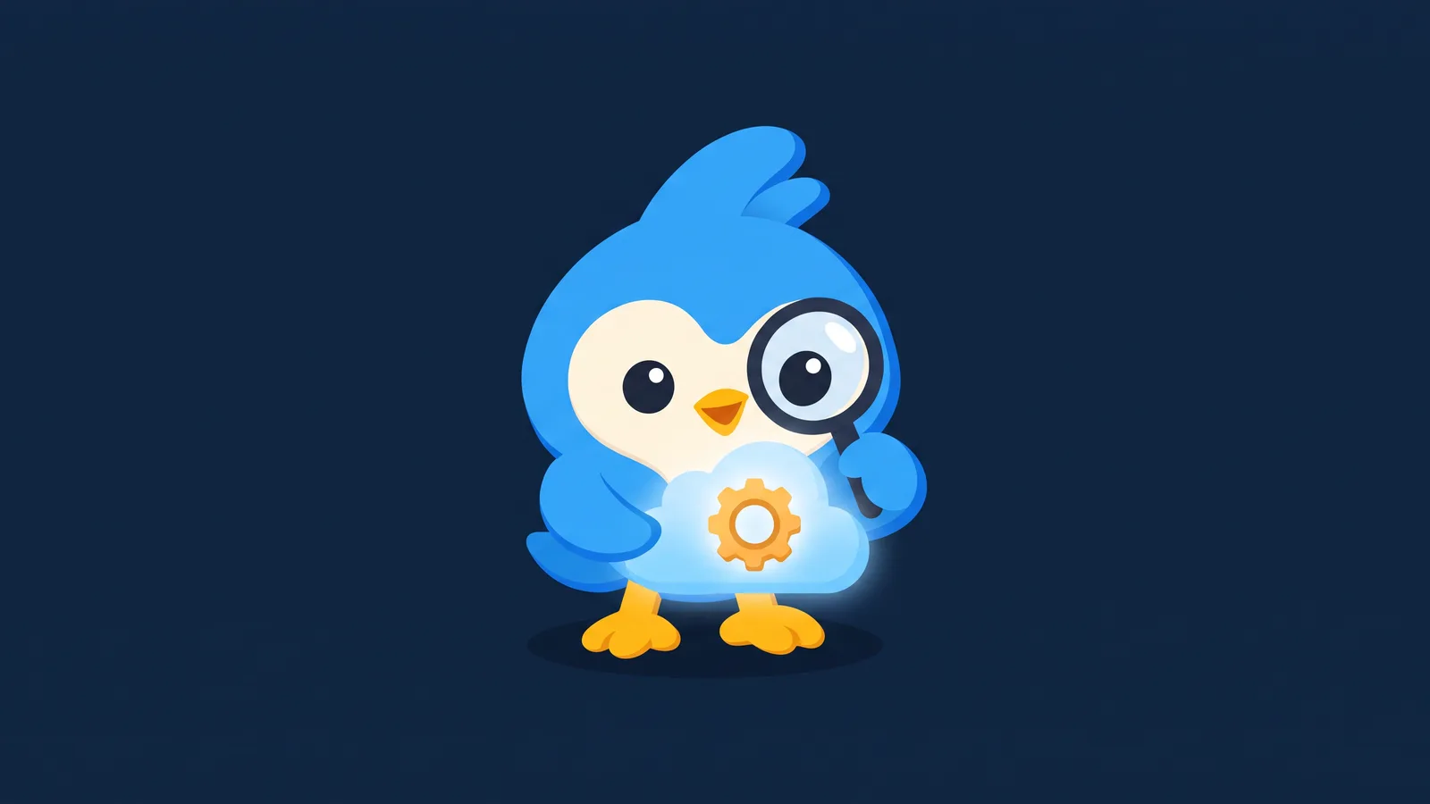 Pip, the blue bird mascot, holding a tiny glowing cloud in its wings, a small gear inside